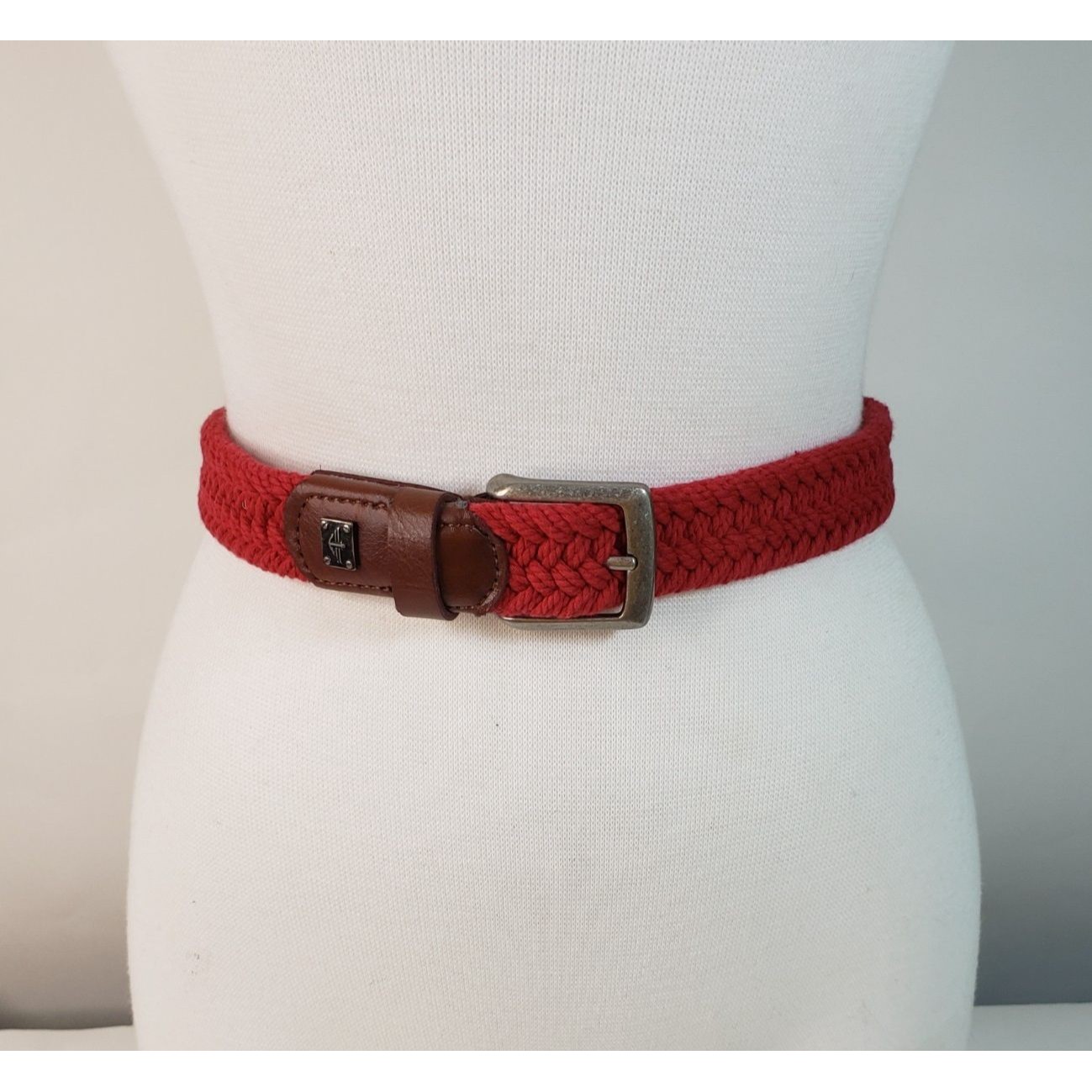 Vintage Dockers Red Cotton Braided And Leather Belt Med Silver Tone Buckle